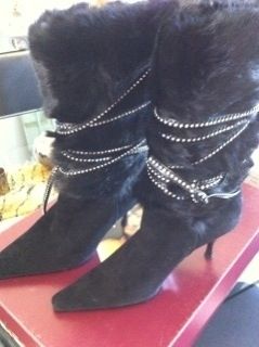 MONNA LISA FOX AND SUEDE RHINESTONE SHEARLING LINED BOOT NIB 480 from