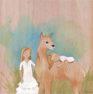 Little sister me and deer friend original painting acrylic watercolor
