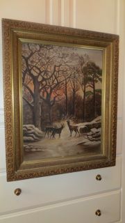 Antique Deer Stag SNOW Oil Painting Long Lake, MICHIGAN Cabin Find 19C