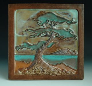 Arts and Crafts Style Tile Relief Lone Pine Landscape