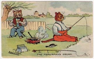 Louis Wain Artwork Postcard of Dressed Cats Fishing and Cooking Over