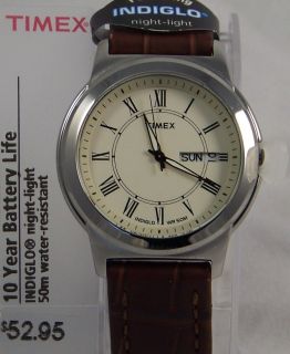 T2E581 Timex Mens Classics Watch DAY DATE INDIGLO Cream Dial With