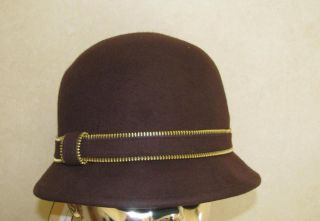 Ladies Womans Magid Brown Wool Felt Cloche Bucket Hat w Zipper Trim