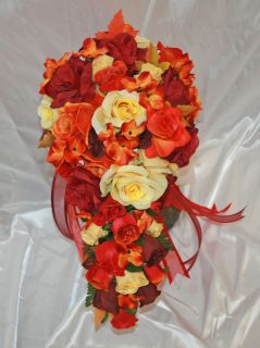 Fall Bridal Bouquet Burgundy Yellow Red Orange Silk Wedding Flowers 21