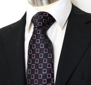 964 Necktie by Paul Malone Black with Pink Squares 100 Silk Woven