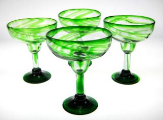 Mexican Margarita Glasses Green Swirl 4 Hand Blown