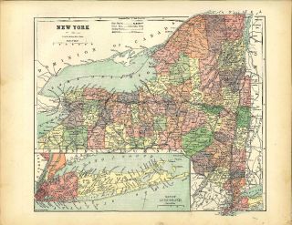 Colored Columbian Atlas Original State Map New York Long Island