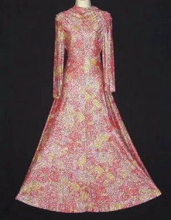 Vtg Pink Lame Floral Metallic XTall Maxi Floor Dress s to M