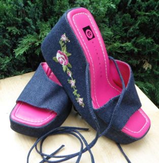 Elle Menno Blue Jean Hot Pink Platform Sandal Lace Up Gladiator Women