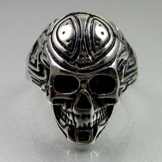 Mens Black Silver Stainless Steel Fully Tattooed Skull Ring