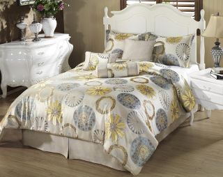 7pc Beige Jacquard Sundial Floral Comforter Set Bed in a bag