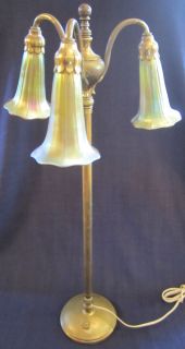 Tiffany Studios Bronze~Gold Dore~ Three Light Lily Lamp Aurene Shades