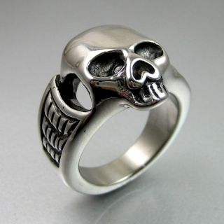 Duty Biker Mens Bold Black Silver Stainless Steel Skull Ring