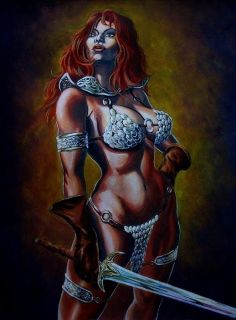 Hot Red Sonja Painting 2007 Signed Art by Michael Miles
