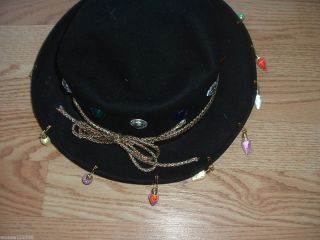 Vintage Hat Michael Howard Black Wool Rhinestones Xmas Lights Tree Pi