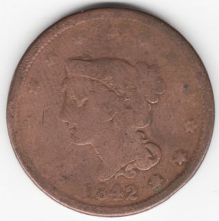 1842 U s Braided Hair Large One Cent Penny Coin