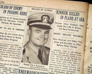 Iowa Hawkeyes Nile Kinnick WWII Killed 1943 Newspaper