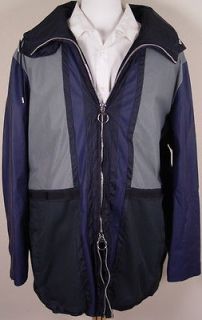 GUCCI JACKET $1,995 NAVY LEATHER ACCENTED LOGO ORNAMENTED HOODED COAT