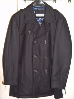 Mens Andrew Marc Double Br easted Black W ool Pea Coat PCoat Jac ket
