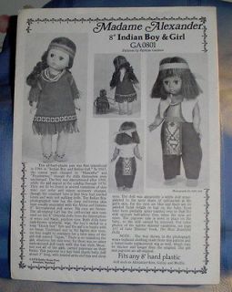 Doll Indian Boy and Girl Clothing Pattern FOR Madame Alexander 8 DOLL