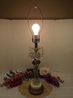 ANTIQUE VICTORIAN STYLE BRASS & CRYSTAL CHERUB LAMP WITH MARBLE BASE