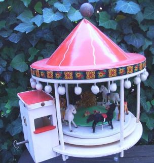 50´s german toy carousel mechanical musicbox wagner horses, it works