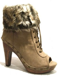 CLOG PEEP TOE WOODEN SOLE/HEEL FUR CUFF LACE ANKLE BOOT