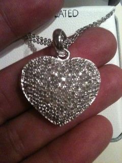 STUNNING SILVER PLATED PUFF HEART 1 CT TW GENUINE DIAMOND NECKLACE