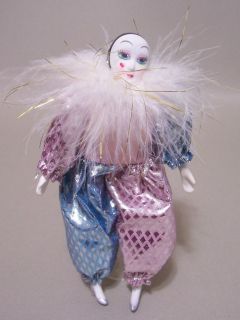 Miniature 7 Harlequin Doll Pink & Blue Silver Porcelain Feather