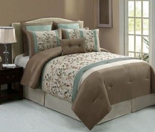 8pc Luxury Bedding Comforter Set  Anastasia Taupe/Aqua/Bei ge