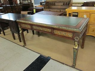 FRENCH EMPIRE STYLE WRITING DESK 3 DRAWERS LEATHER TOP BRONZE TRIM