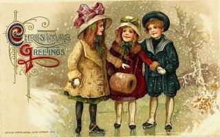 Vintage Victorian Christmas Postcard Printed onto Fabric Children Ice