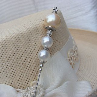 HATPIN with 3 FAUX PEARLS & RHINESTONES   Silver Finish Hat pin