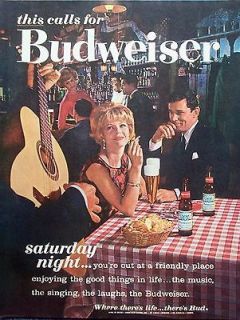 1961 Budweiser Beer Couple Bar Guitar Saturday Night ad