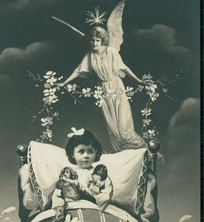 1910s Old real Photo postcard GIRL w/DOLL + GUARDIAN ANGEL Xmas