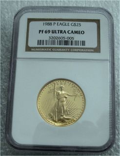1988 P USA GOLD 25 DOLLARS COIN, 1/2 EAGLE PF69 NGC ULTRA CAMEO