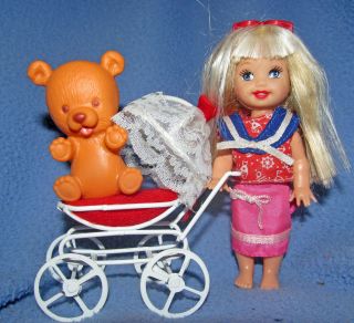 Baby Shower Antique White Buggy Stroller Bear Gift Set Barbie Sister