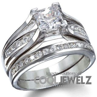 Silver Princess Cut Cubic Zirconia Wedding Set   Free Ring Sizing