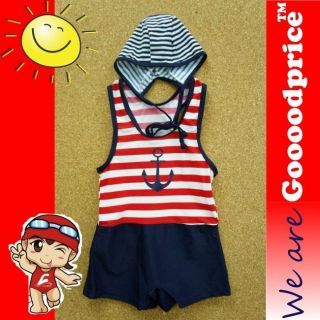 Baby Child Bathing Swimwear One Piece With Cap Boy Sailor Style with