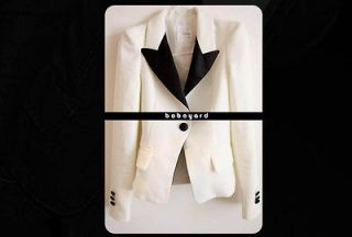 women tuxedo white jacket blazer balmain shoulder black satin collar