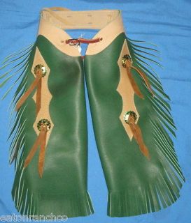 Child Kids Peewee Leather Rodeo Chaps Chap Mutton Bustin New Green Tan