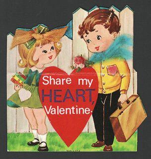 Vintage Childs Valentines Day Card Boy with Brief Case & flowers