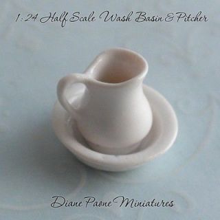 24 HALF Scale Ceramic WHITE Pitcher & Wash Basin   Dollhouse Miniature