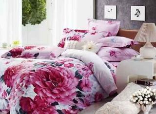 LOVELY RED LIGHT PINK FLORAL QUEEN SIZE 4PC BED SET WITH INSIDE FILLER