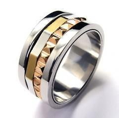 Mens Gold Titanium Steel Silver Gear Ring