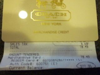 Coach Gift card for shoes, purse, wallet jewelry total value $377.35