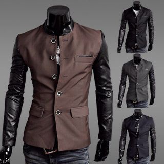 SWM Mens Slim Fit Jacket Blazer Coat Shirt PU Faux Leather Sleeve XS S