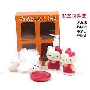 Hello Kitty Bathroom 4Pcs Set,Bath Ball+Soapbox+Bath Bottle+Toothbrush