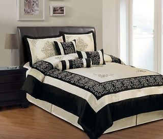 Faux Silk Bedding Embroidered in Beige and Black King Comforter 7