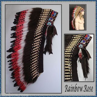 INDIAN CHIEF Headdress 80cm Red Dark Brown Fur Deluxe Native American
